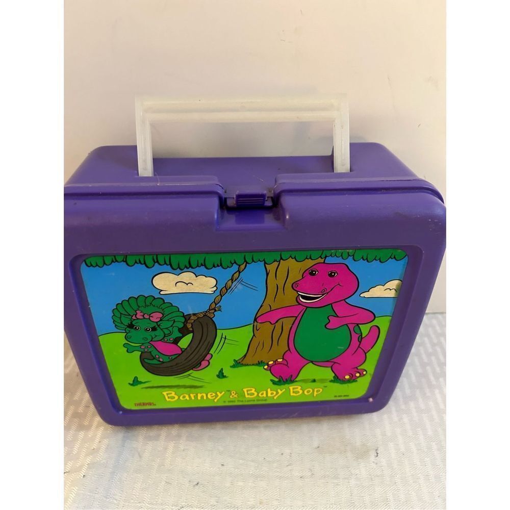 Barney Dinosaur and Baby Bop‎ purple lunch box container 1992